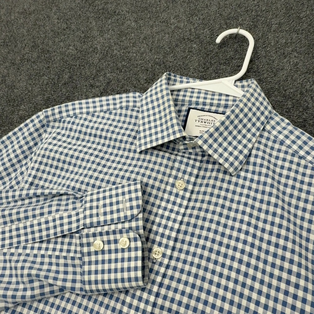 Charles Tyrwhitt Shirt Mens 16/33 Blue Cotton Gingham Slim Fit Non-Iron Preppy